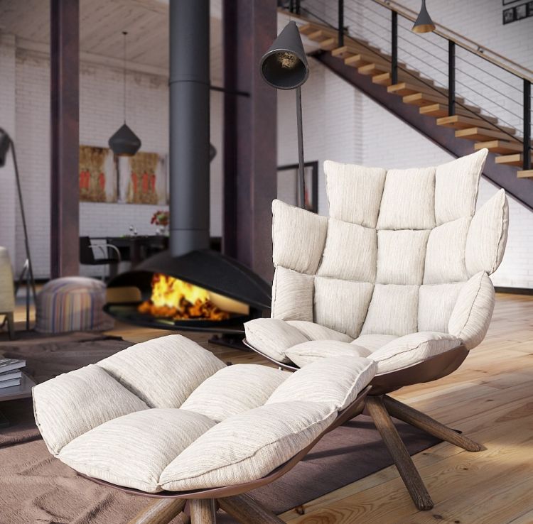 stai confortabil în fața focului și relaxează-te șemineu deschis-podea-fotoliu-tapițerie-scări-lemn-design-industrial