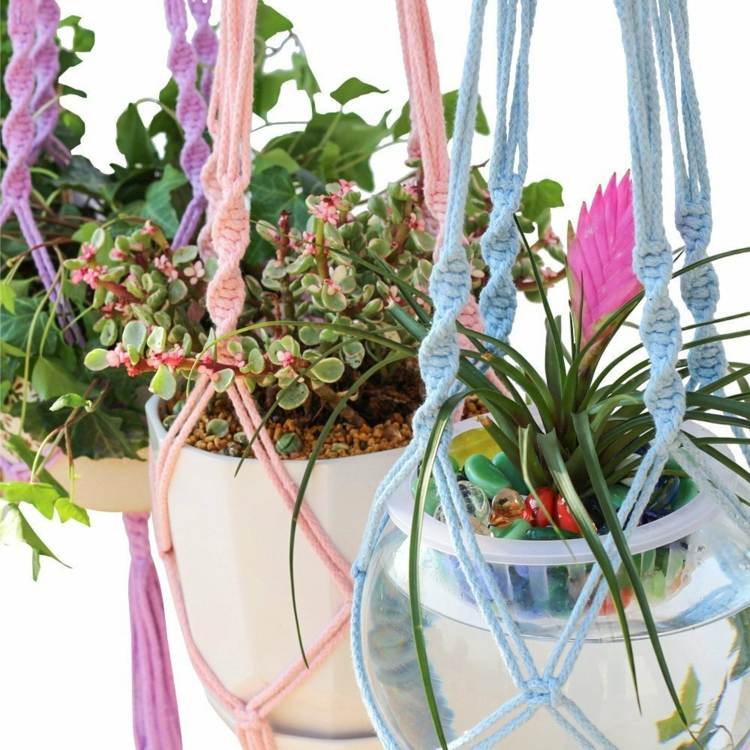 Ghivece de flori-agățat-macrame-set-manual-culori-pastel