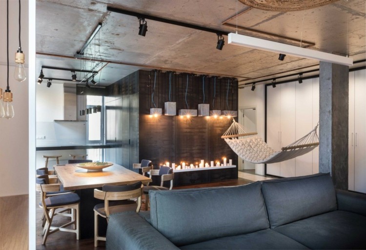 Pentru proiectarea apartamentului au fost folosite doar materiale naturale idee vin rack design living living masa deschisa din lemn canapea gri