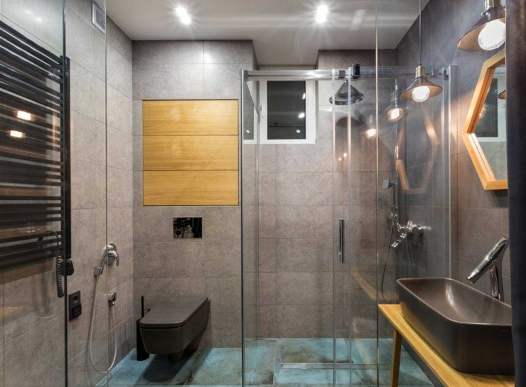 Idee pentru proiectarea băii în culori gri și turcoaz idee vin rack design baie moderna din sticla dus turcoaz