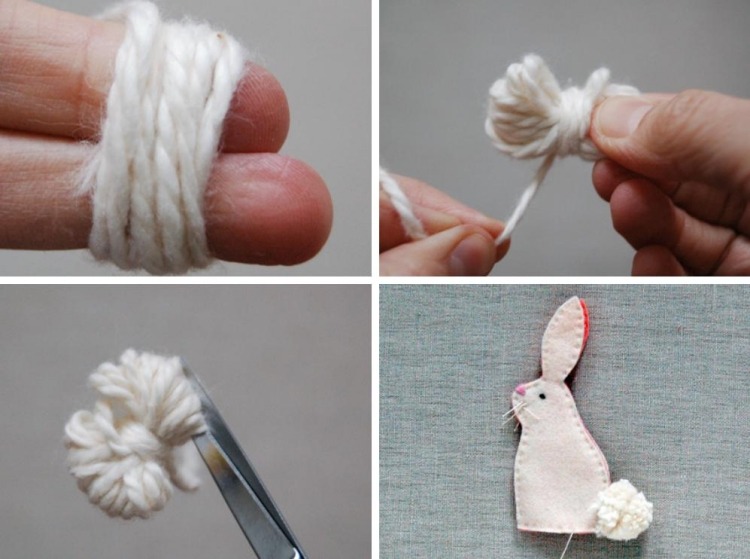 Un pompon din fire ca o coadă de iepure pentru un iepure din pâslă Meșteșuguri de Paște-copii-iepuraș-fetru-hasenschwaenzchen-pompon-fire