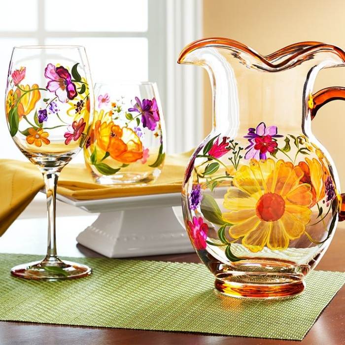 Set de veselă din sticlă cu decorațiuni de primăvară cu flori Primăvară-Paște-2015-decor-idei-veselă-vază-ulcior-sticlă-pictată