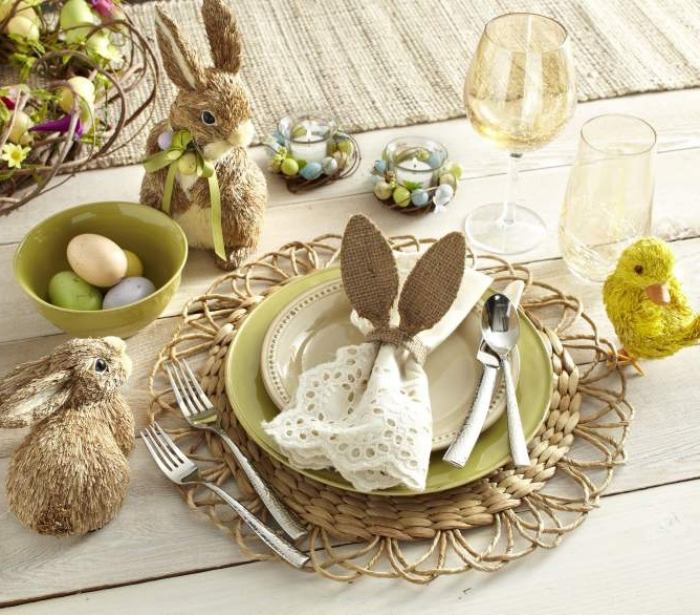 Figurine de iepure și pui în optică naturală - idei pentru decorațiuni de masă festiv-Osterdeko-2015-Dekoideen-figuri de iepure-flori proaspete-de primăvară