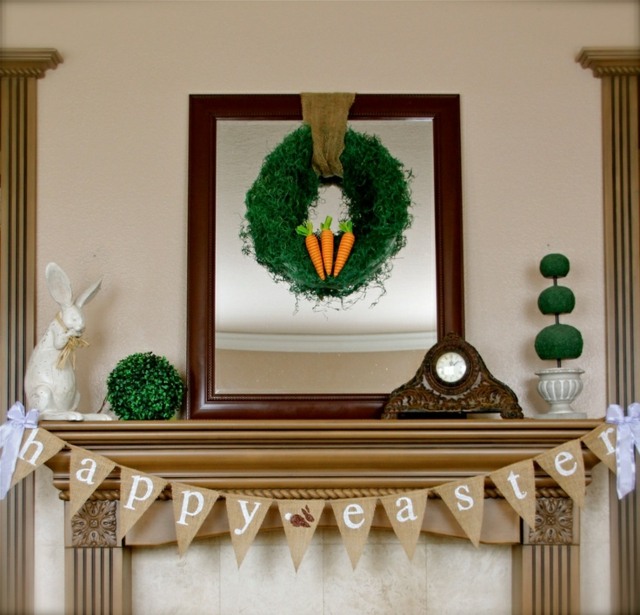 Idei de decorare șemineu Iepuraș de Paște coroană de mușchi ghirlandă