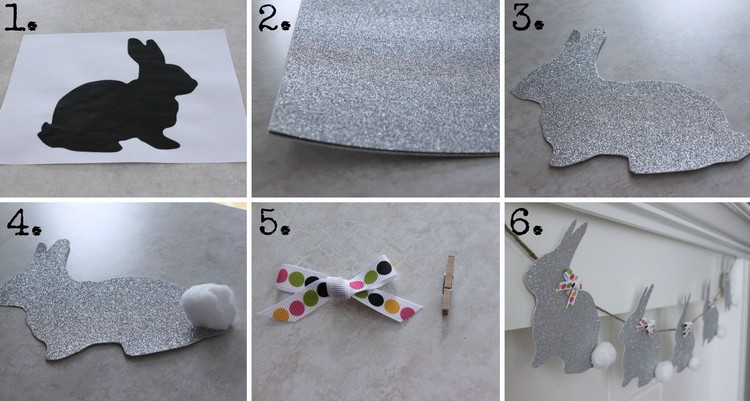 Siluete de iepuraș de Paște realizate din hârtie sclipitoare de culoare argintie Iepurașul de Paște-hârtie-ghirlandă-sclipici-hârtie-argintie