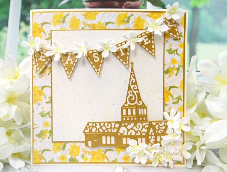 Creați-vă propriul card de Paște-aur-biserică-ghirlandă-flori-cadru-galben