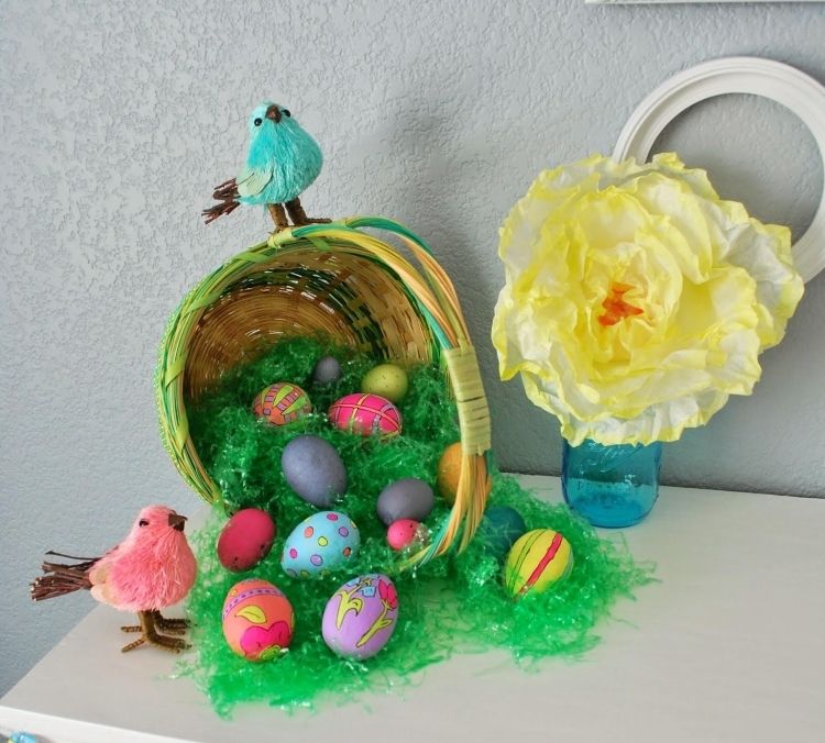 Coș de Paște-amenajare-amenajare-colorată-decorare-cameră-copii-ouă-păsări-hârtie-cu-flori