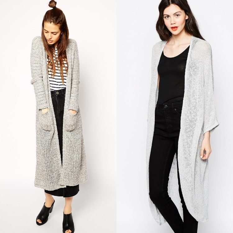 cardigan lung supradimensionat în piese gri deschis și negru idei de ținute-cardigane-oversize-lan-tricot-negru-casual