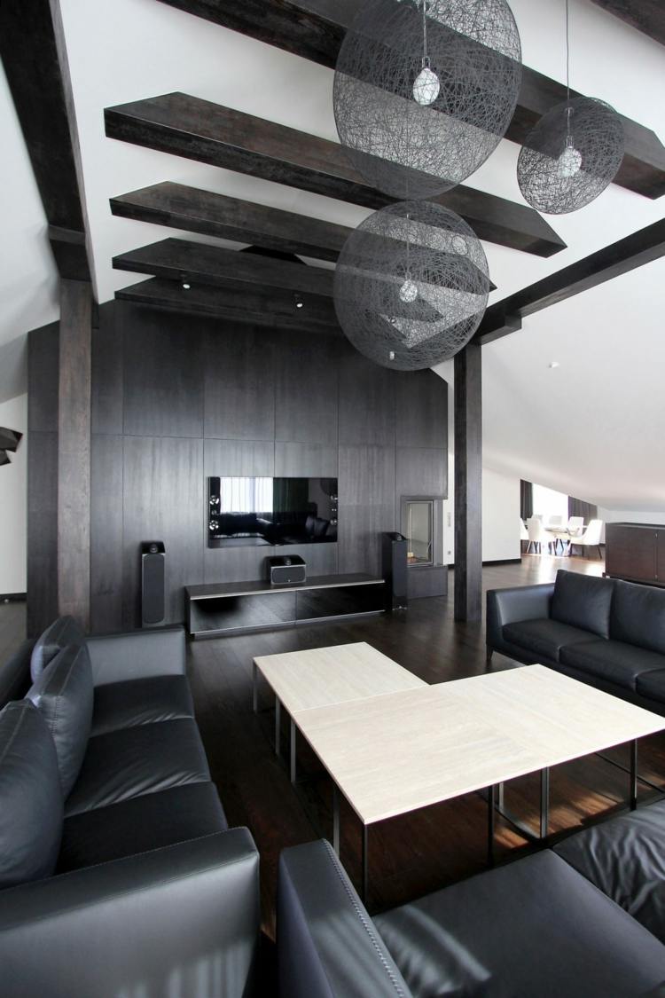 Penthouse Design este alcătuit din culorile negru, alb și maro masuta de cafea zona de relaxare alba idee de design living monocrom
