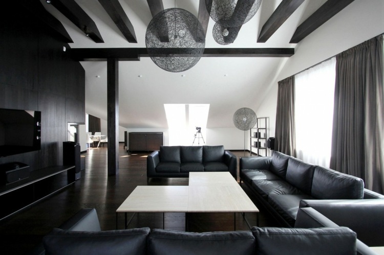 Design cameră de zi cu bufet și lămpi elegante bufet idee tv canapea din piele design penthouse modern