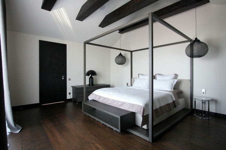 Dormitor penthouse într-un stil simplu, minimalist ideea design pat dormitor penthouse grinzi noptiera