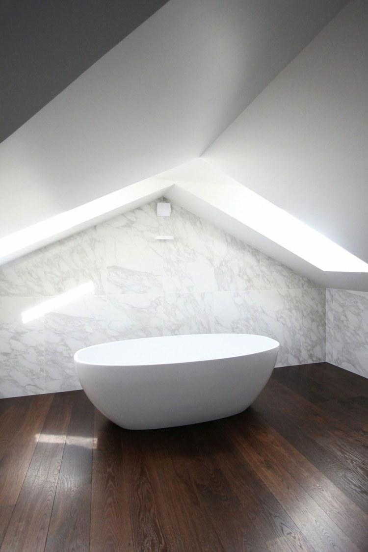 Design penthouse modern în baie - cadă de sine stătătoare pe parchet întunecat cadă de sine stătătoare parchet din lemn de culoare închisă penthouse luminator