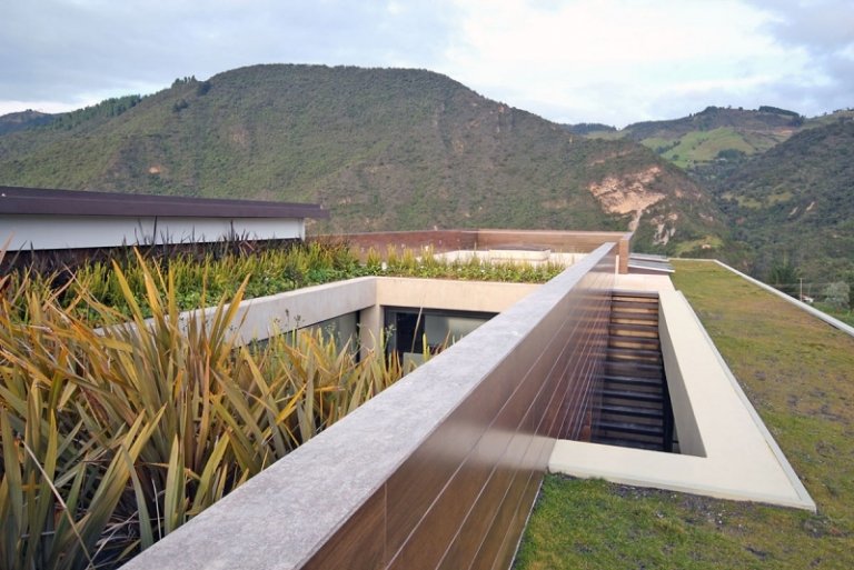 Grădină pe acoperiș, cu o priveliște frumoasă asupra munților Plante-acoperiș verde-vilă-pădure-grădină acoperiș