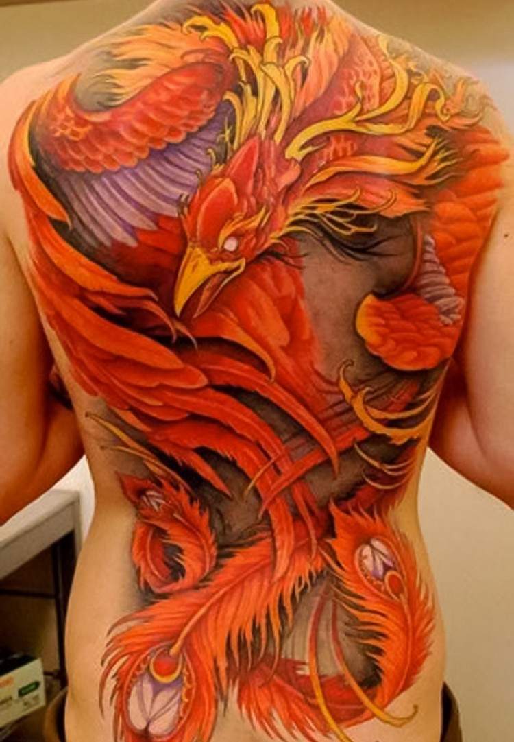 Phoenix tatuaje design tatuaje foc pasăre mitologie roșu portocaliu plasare spate