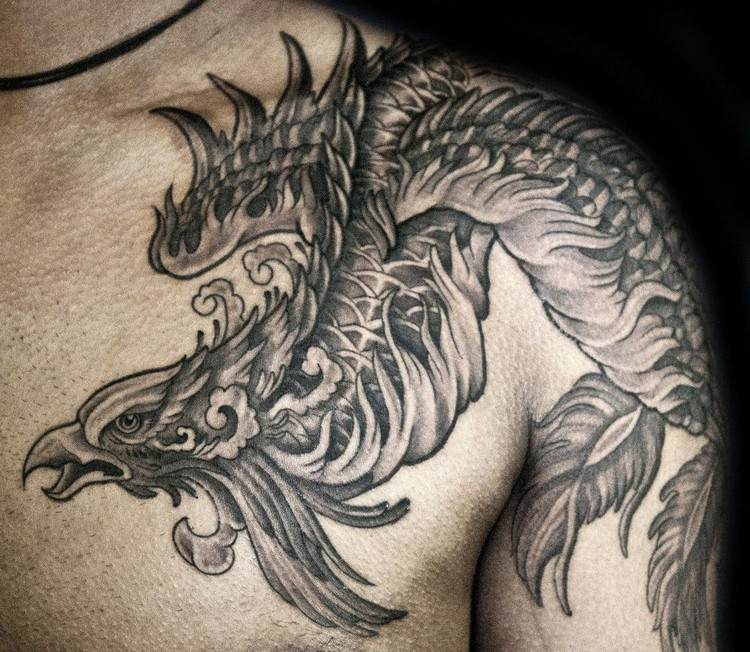 designuri tatuaje fenix tatuaje foc mitologie pasăre grafic negru bărbați piept cenușă reînvie