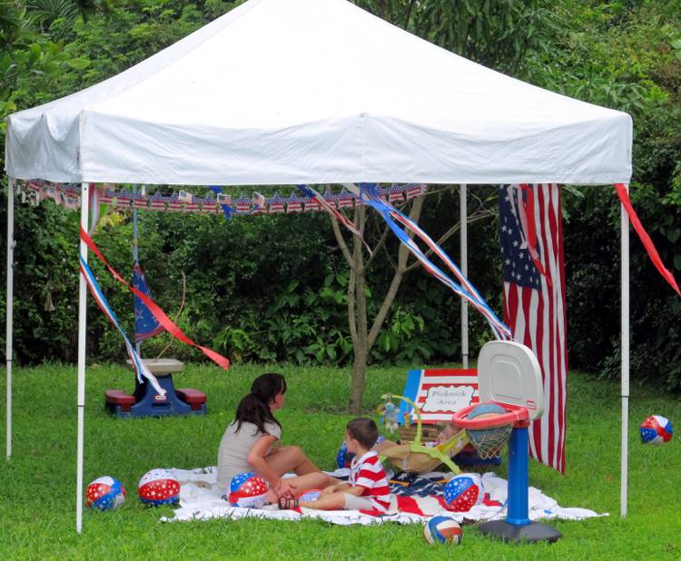 Picnic în cortul grădinii - sărbătoare de familie în alb, roșu și albastru - tematic american Picnic în cortul grădinii-alb-tematic-albastru-roșu-alb