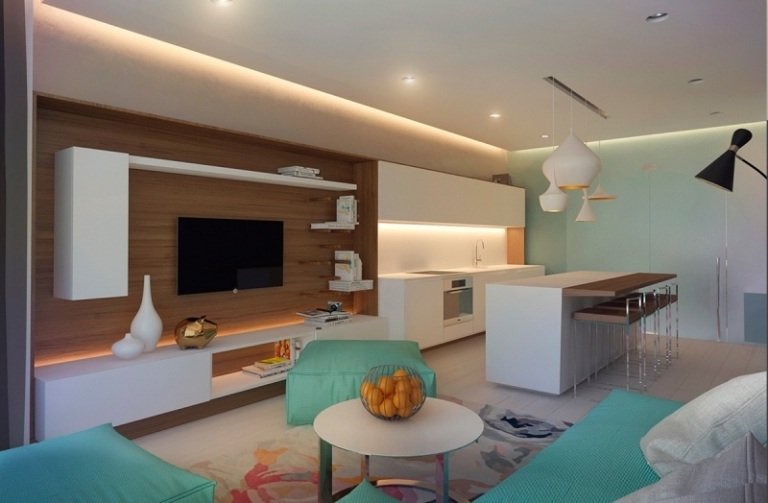 Living cu bucătărie deschisă în accente albe și verde menta idei-design-interior-gri-verde-menta-living-perete-unitate-bucatarie-deschisa-minimalista