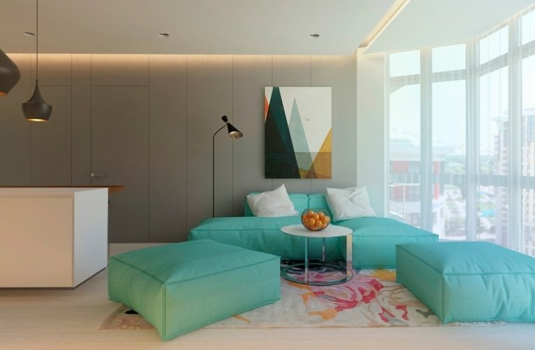 apartament modern proiectat în culori neutre interior-design-idei-gri-menta-verde-perne-scaune-canapea-module-panorama-fereastră-covor