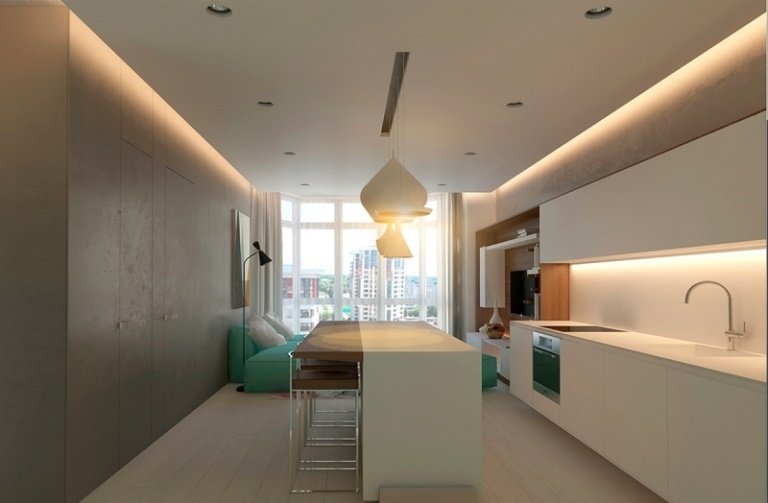 iluminare indirectă atractivă în camera de zi modernă idei-design-interior-gri-menta-verde-alb-bucatarie-deschisa-minimalista