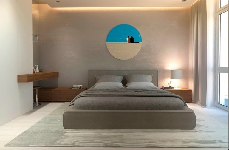 Dormitor cu mobilier unghiular și o imagine rotundă ca accent idei-design-interior-dormitor-gri-imagine-rotunde-cu-accent