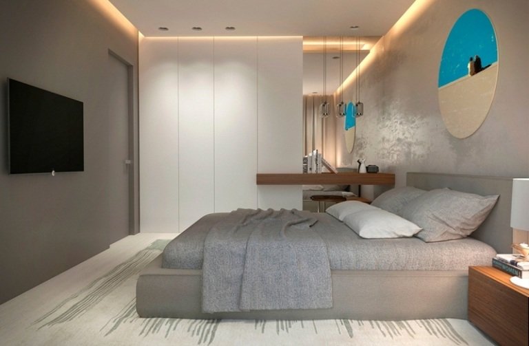 imagine artistică rotundă despre patul din dormitorul gri design-interior-idei-gri-alb-dormitor-imagine-mobilier-cu-margini-rotunde