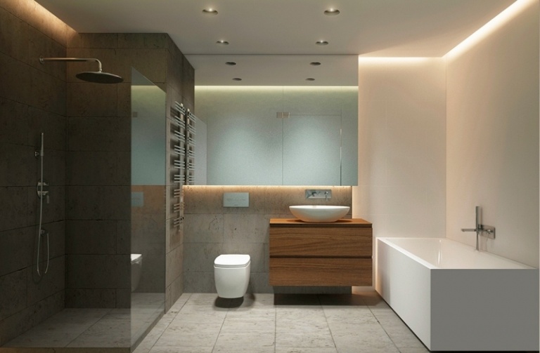 baie modernă, cu mobilier de baie unghiular și vanitate din lemn idei-design-interior-baie-gri-cadă-duș-margini-vanitate-din-lemn