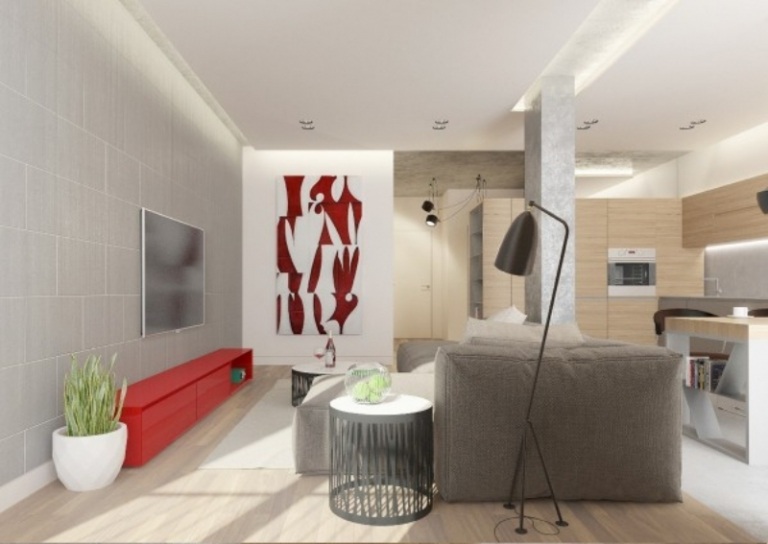 apartament modern cu fler de design industrial idei-design-interior-gri-alb-living-tv-consola-accent-rosu-bucatarie-deschisa