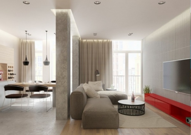 Idei de design interior cameră de zi în gri și accent în roșu idei-design-interior-gri-alb-living-canapea-modul-consola-tv-rosu-accent