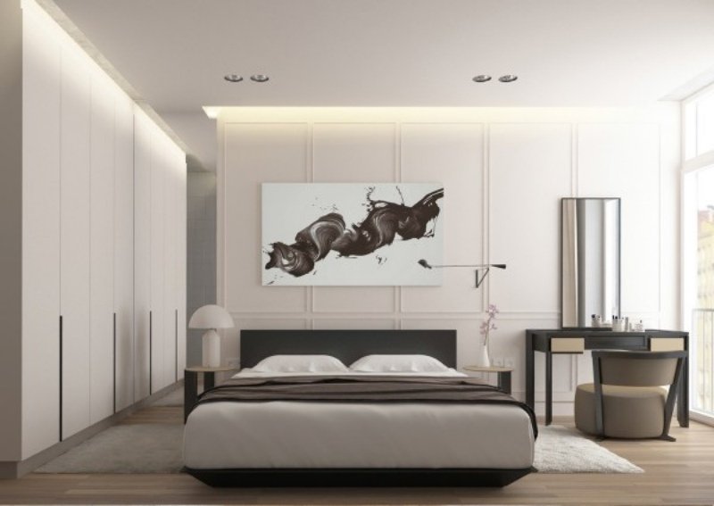 dormitor spațios în alb combinat cu mobilier negru interior-design-idei-gri-alb-dormitor-artistic-poza-machiaj-fereastră-masă
