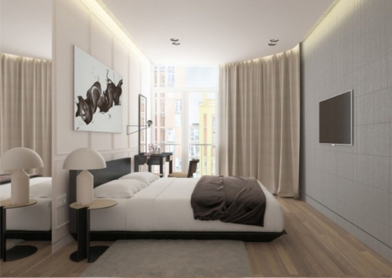 Dormitor în tonuri neutre, cu ferestre panoramice design interior-idei-gri-alb-dormitor-perdele-tv-pardoseala din lemn