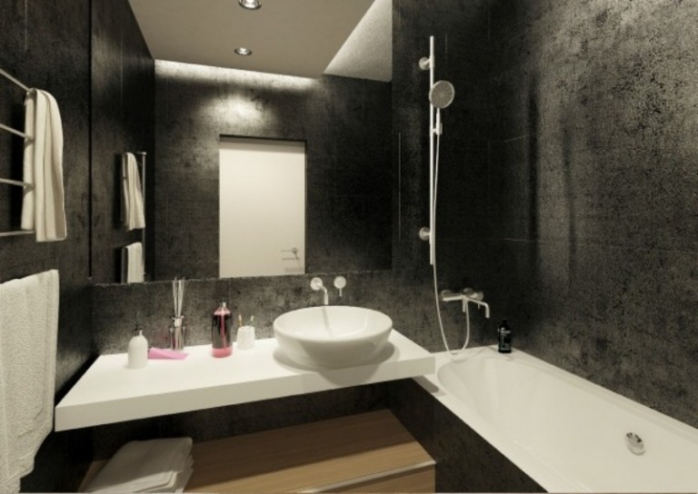baie mică modernă în alb și negru idei de design interior-negru-alb-baie-cadă-chiuvetă-vanitate-lemn
