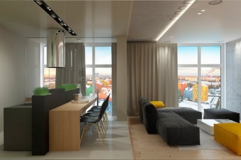 Camera de zi în gri cu accente în galben strălucitor idei-design-interior-accente-gri-living-negru-scaune-deschise-bucatarie