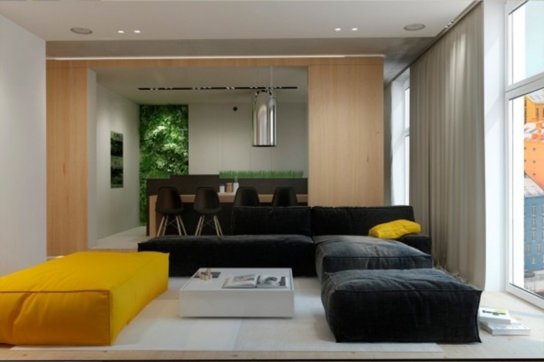canapea modulară în negru cu un modul galben idei-design-interior-accente-gri-accente-sufragerie-canapea-negru-module-galbene