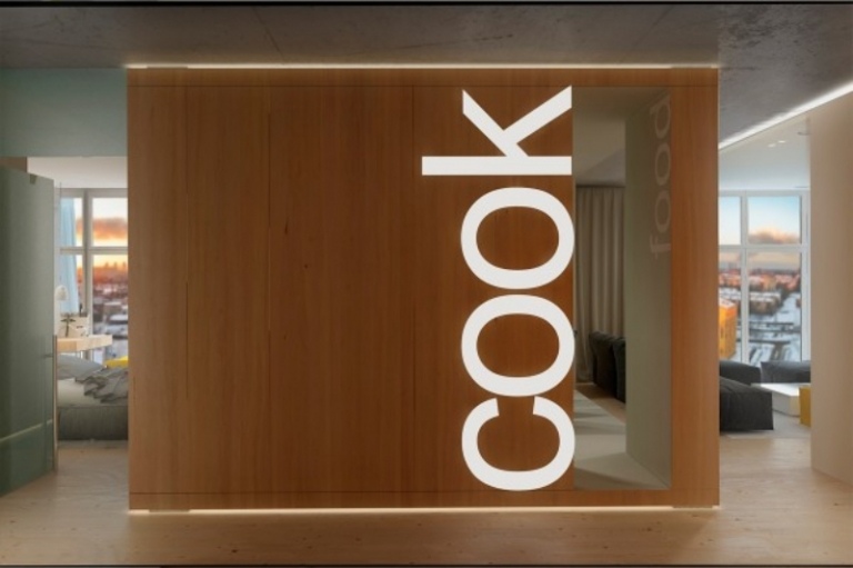 Inscripție modernă, luminoasă la intrarea în bucătărie idei-design-interior-placare-perete gri-inscriptie-luminoasa