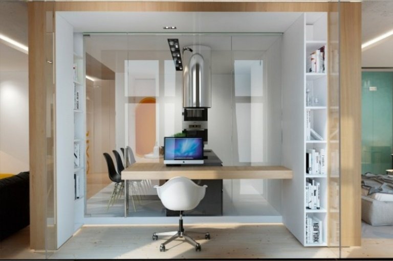 Loc de muncă cu o partiție din sticlă separată de bucătărie idei-design-interior-gri-loc-de-lucru-sticla-perete-bucatarie-transaprent