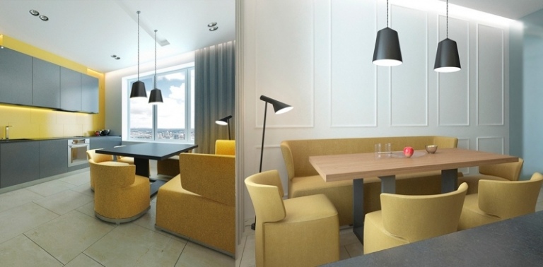 Bucătărie în gri și galben, cu scaune tapitate în jurul mesei design interior-idei-gri-galben-zona-de-luat masa-mobilier tapitat-scaune-canapea-pandantive-lumini-bucatarie