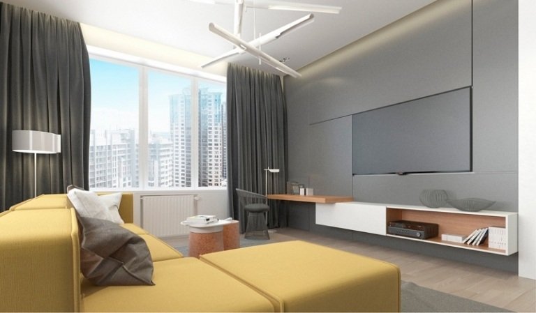 Camera de zi cu accent gri și luminos - canapea galbenă idei-design-interior-gri-galben-living-canapea-perdele-televizor-consola tv
