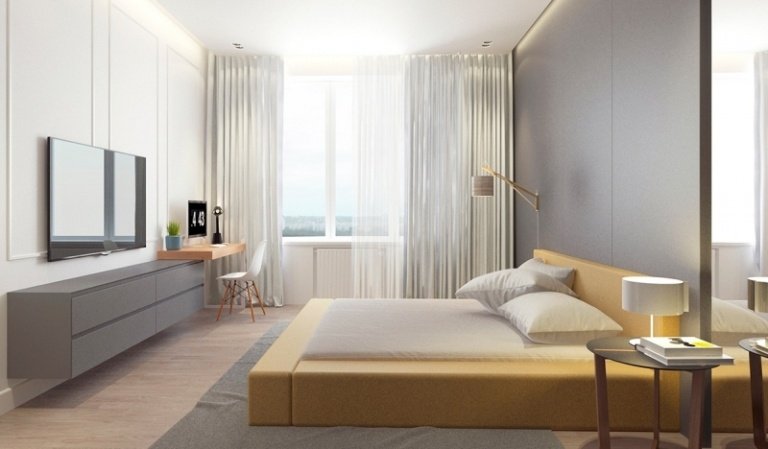 dormitor gri cu pat tapițat în galben idei-design-interior-gri-galben-pat-noptiere-masuta de toaleta-consola tv