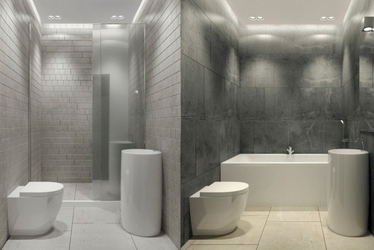 baie minimalista cu aspect beton si chiuveta idei-design-interior-gri-alb-baie-minimalista-spalare-consola-cada-dus