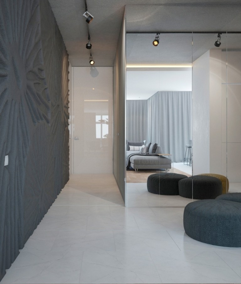 Design de perete cu structură proiectată individual pentru fiecare cameră idei-design-interior-structura-gri-perete-hol-sticla-perete-iluminat-oglinda
