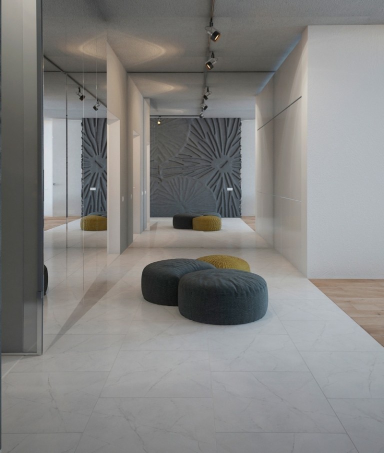 hol spațios, cu podea din marmură albă și pufuri idei-design-interior-structura-gri-perete-hol-marmura-podea-perete-sticla-perne-albe-scaune