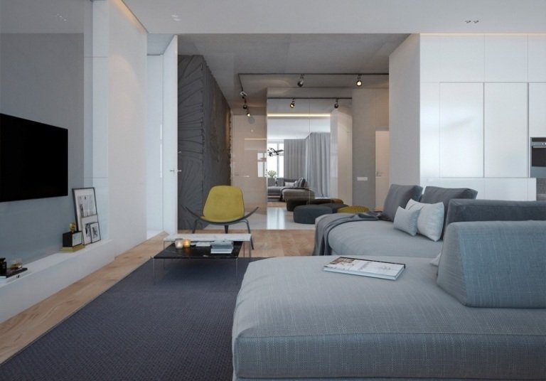 Living cu mobilier tapițat modern, casual idei-design-interior-structura-gri-living-hol-hol-deschis-canapea-fotoliu-consola-tv
