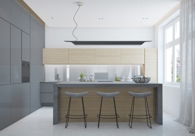Bucătărie cu un design simplu în gri și lemn Idei de amenajari interioare-structura-gri-perete-bucatarie-lemn-lucios-beton-blat bucatarie