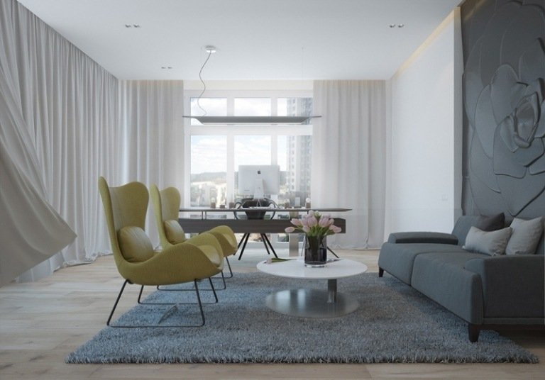 Studiu cu structură de perete cu model floral în antracit idei-design-interior-structura-gri-fotoliu-de-studiu-galben-covor-canapea