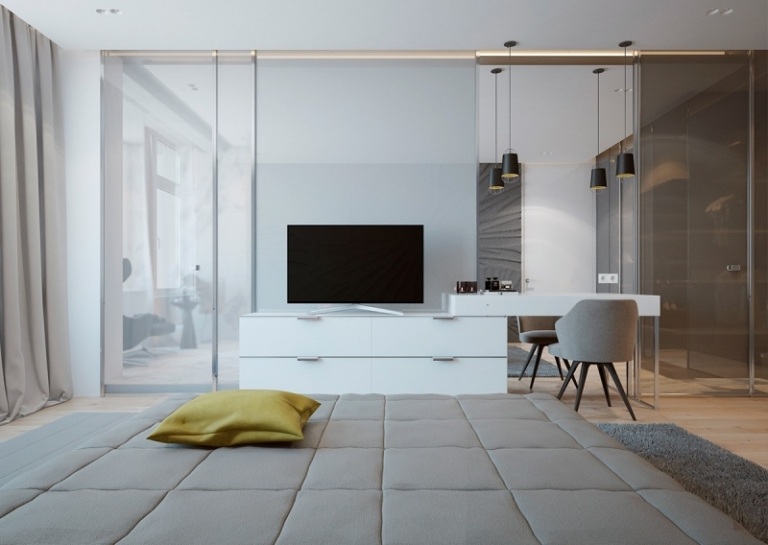 Design simplu și funcțional - Consolă TV și masă de toaletă într-una design interior-idei-structura-gri-dormitor-toaleta-masuta-scaun-tapitat alb-perete de sticla