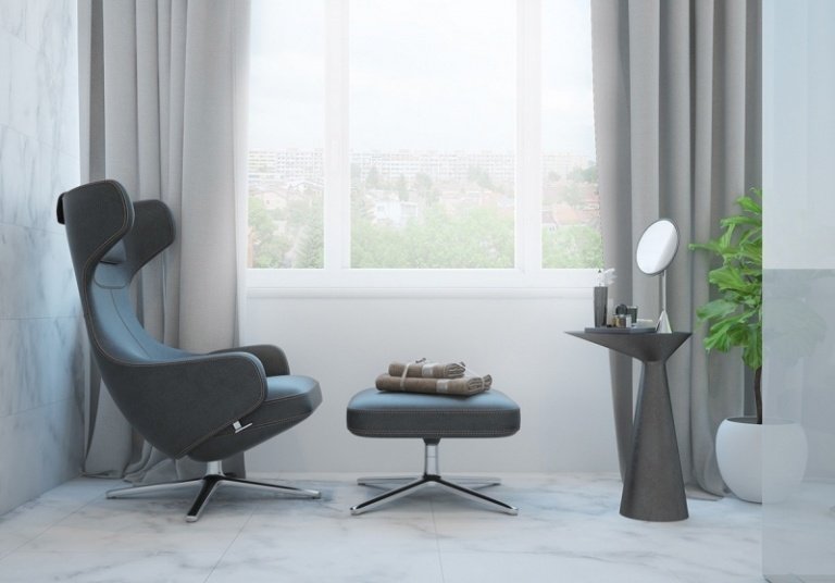 Fotoliu și masă de toaletă în baia de marmură de lux idei-design-interior-gri-baie-fotoliu-marmura-toaleta