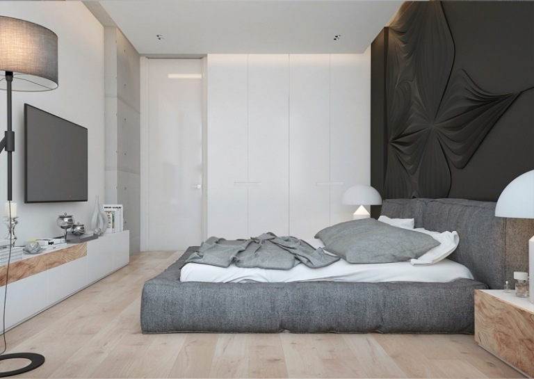 frumos dormitor modern cu detalii din lemn idei-design-interior-structura-gri-dormitor-perete-pat tapitat-lemn-consola-tv