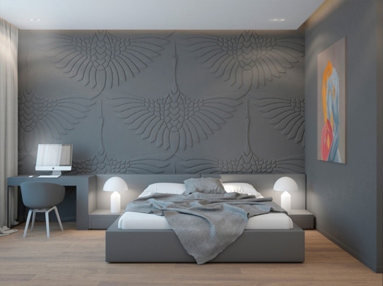 Structura de perete, de asemenea, în dormitorul gri pentru oaspeți Idei de design interior -structură-perete-cameră-de-oaspeți-pat dublu-lampă de noapte-imagine