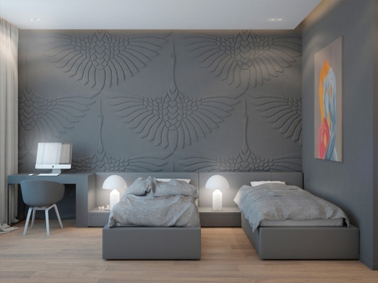 Dormitor pentru oaspeți cu două paturi de o persoană proiectat în gri Idei de design interior -structură-gri-dublu-dormitor-noapte-lampă-calculator