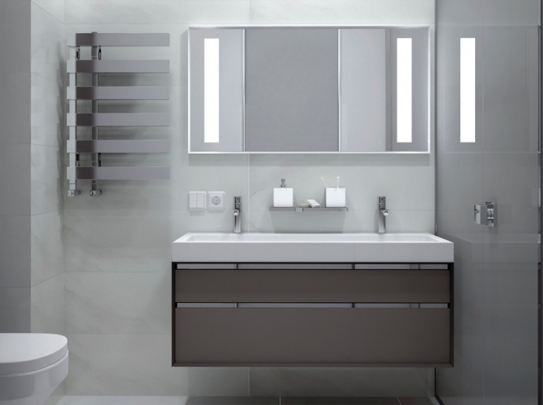 a doua baie cu design minimalist în gri Idei de amenajare interioare -gray-baie-lavoar-oglinda-unghiulara-usa-din-sticla